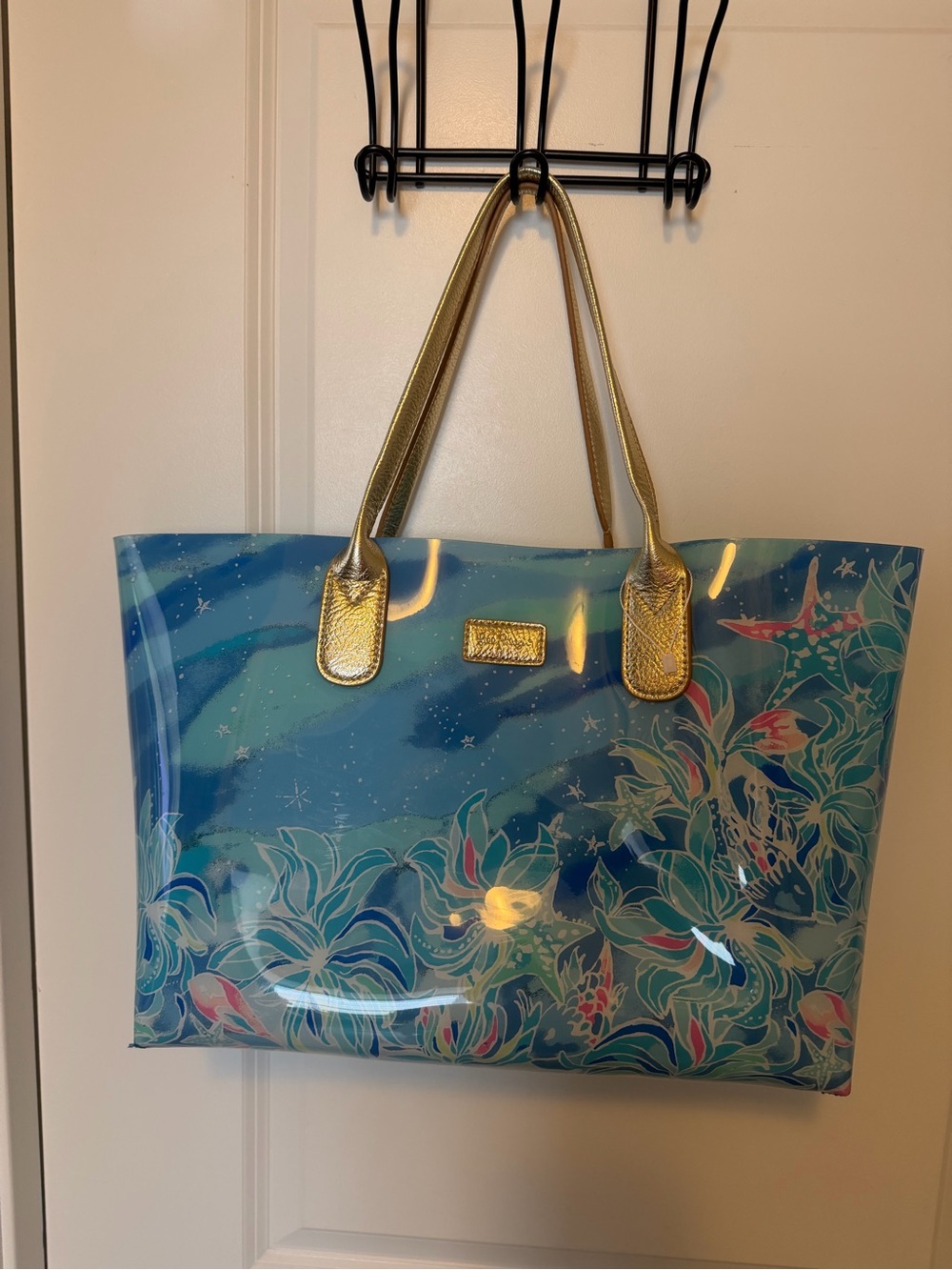 Lilly Pulitzer Blue Floral Vinyl Tote with Gold Handles